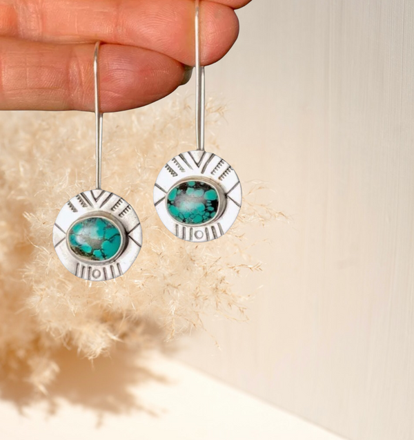 Vintage style, turquoise decor, engraved drop earrings