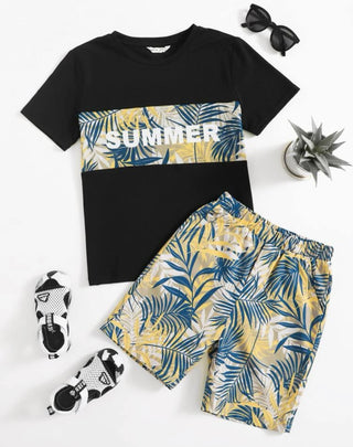 Boys Tropical & Letter Graphic Tee And Shorts Set