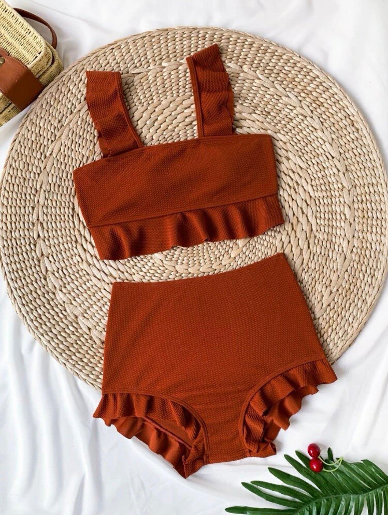 Rust brown ruffle trim high waisted bikini swimsuit