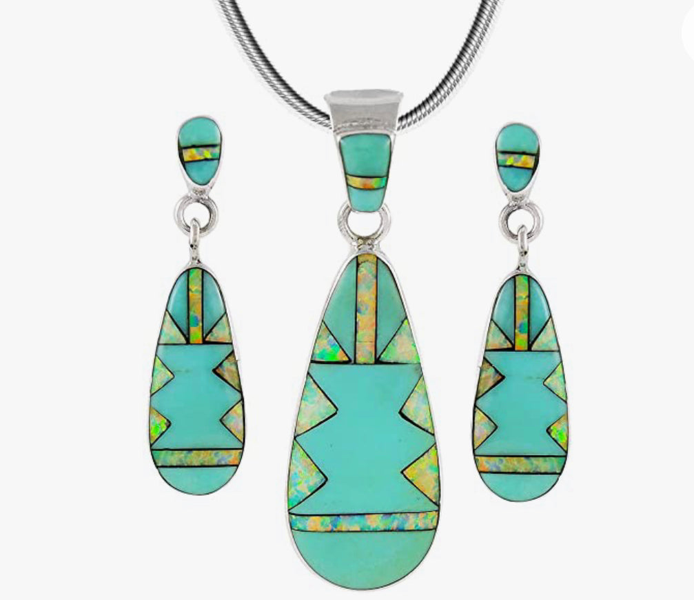 Matching Turquoise & Gemstones Set 925 Sterling Silver (Pendant, Earrings, Necklace 20")