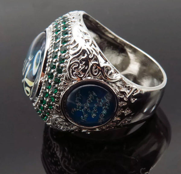 Men's Religious Arabic Big Blue Stone Rings Turkish Middle East Jewelry Silver Color Filled Green Rhinestone Rings