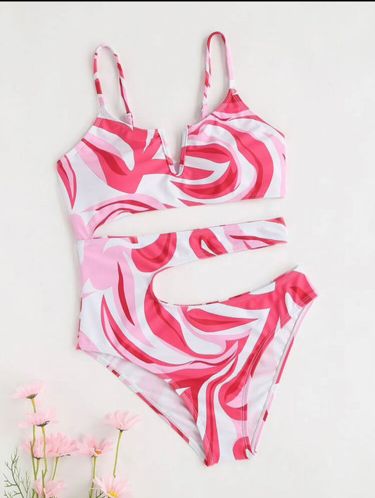 Teen Girls Allover Print V Wired Cut-out One Piece Swimsuit