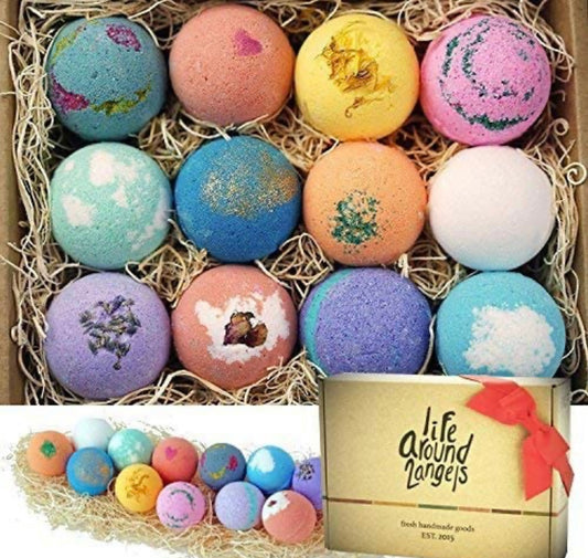 LifeAround2Angels Bath Bombs Gift Set 12 USA made Fizzies, Shea & Coco Butter Dry Skin Moisturize, Perfect for Bubble & Spa Bath.