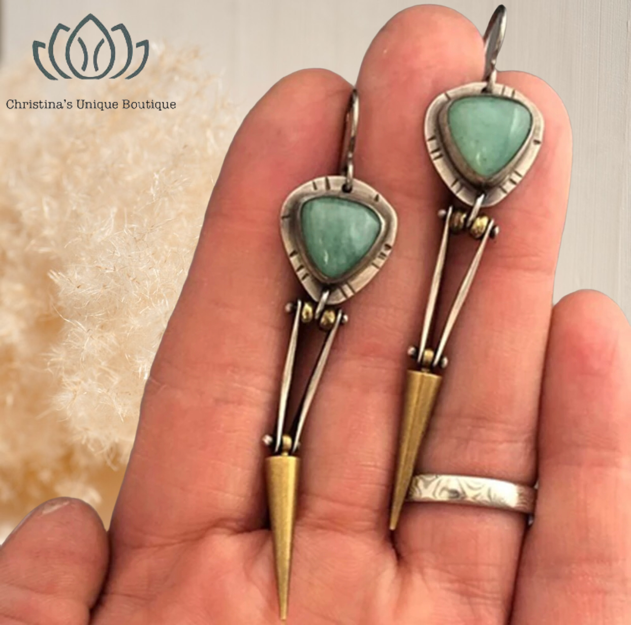 Fabulous two tone green turquoise inspired abstract decor dangle earrings - Christina’s unique boutique LLC