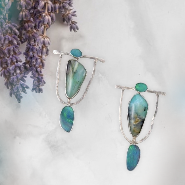 Turquoise and silver ethnic drop earrings