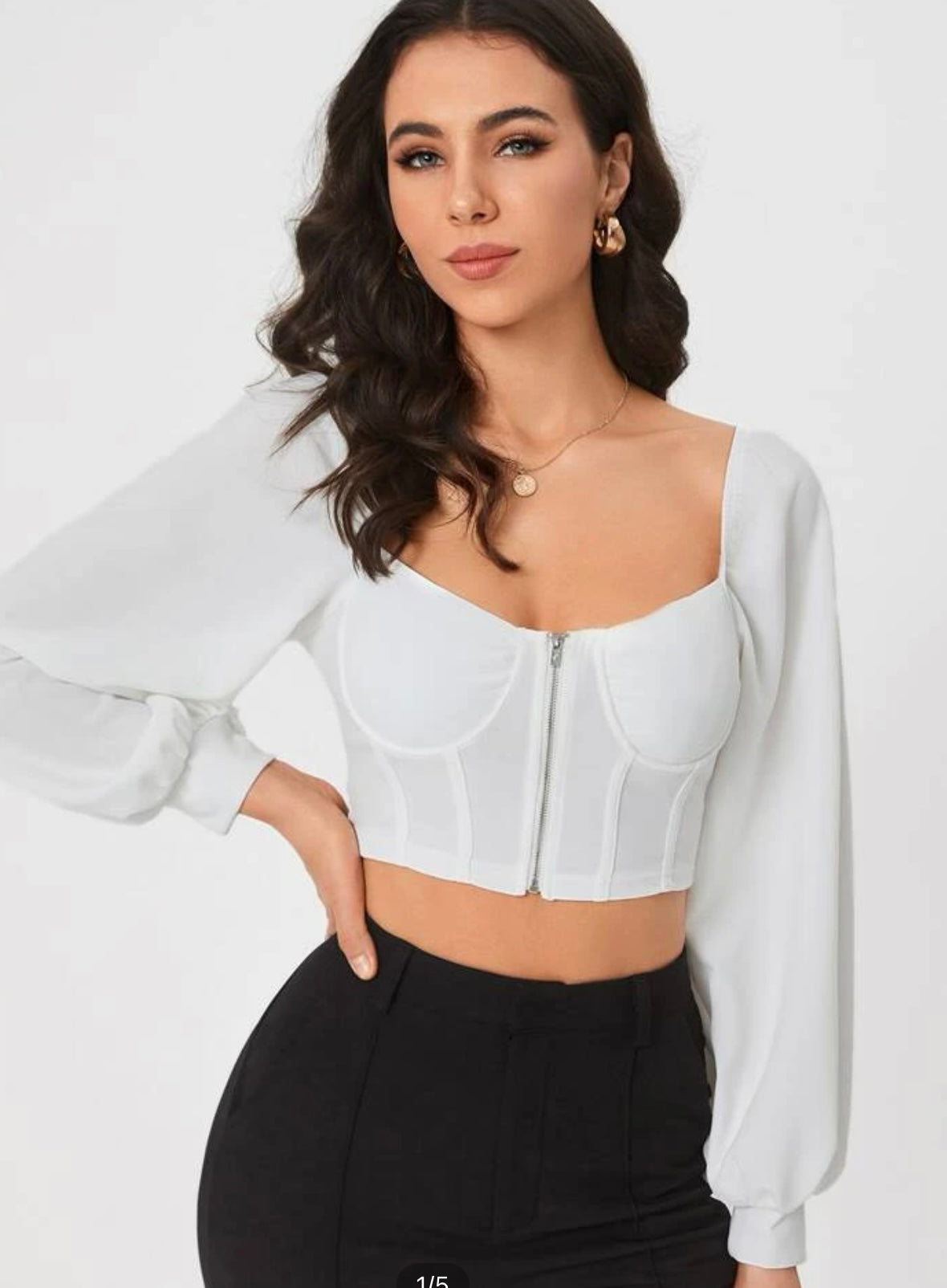 Tall solid zipper fly sweetheart neck crop top