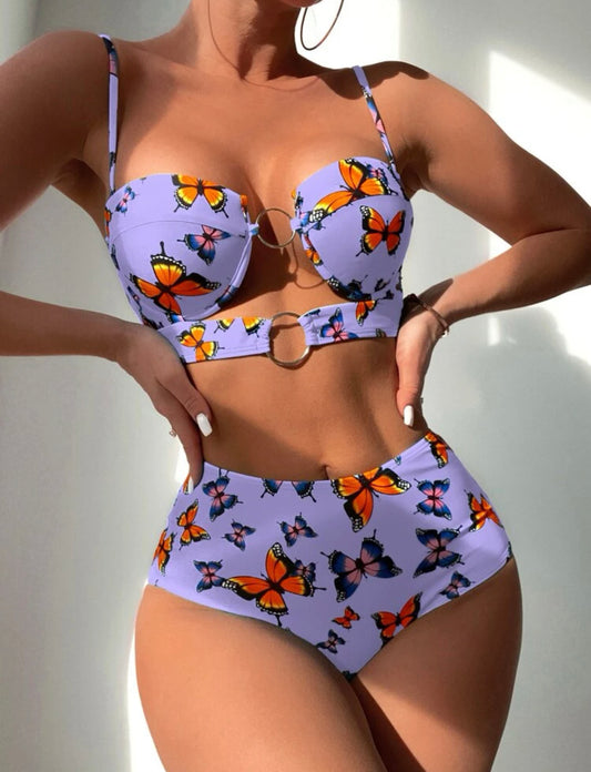 Purple butterfly print ring linked push up bikini swimsuit