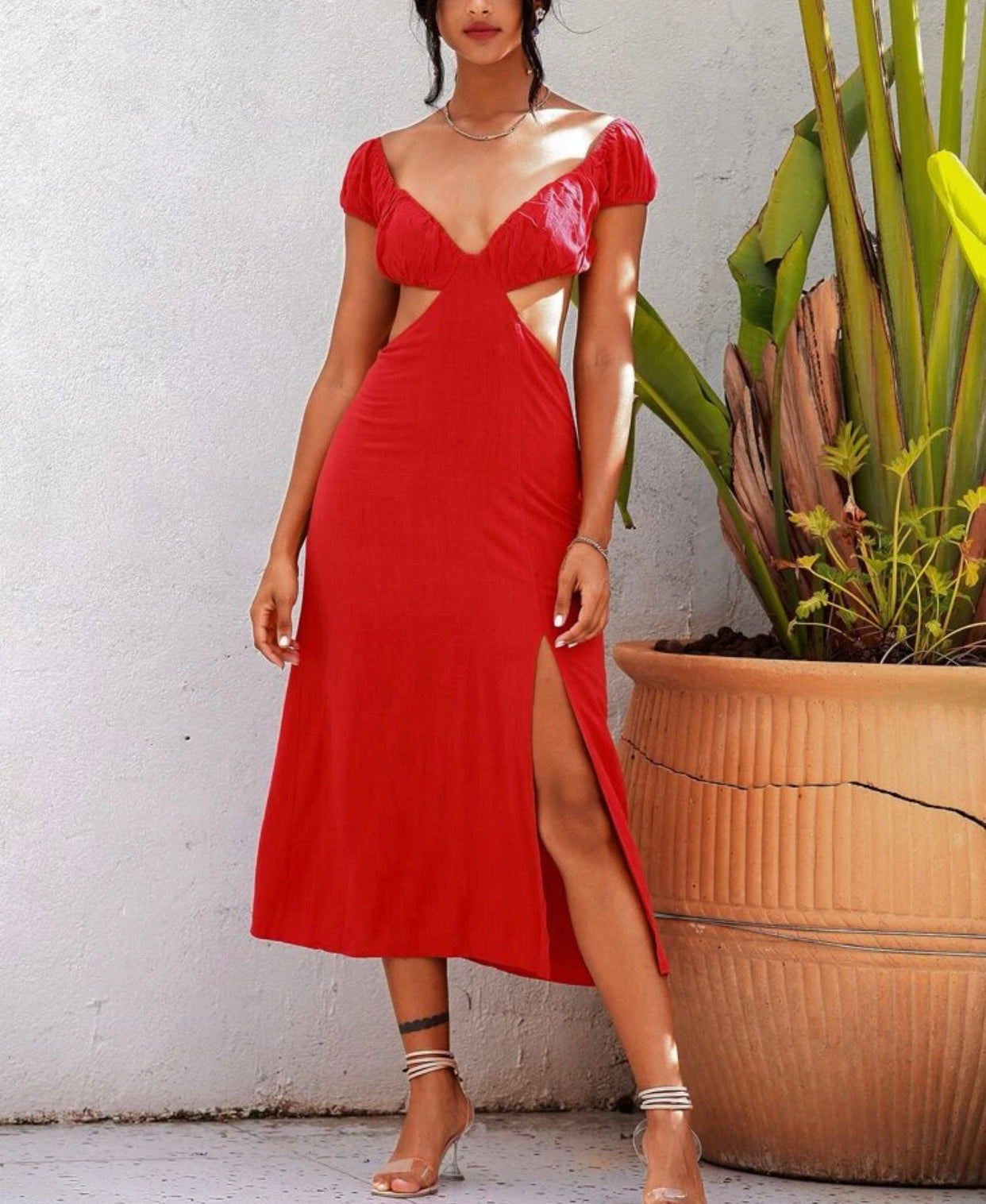 Red off shoulder tied open back dress