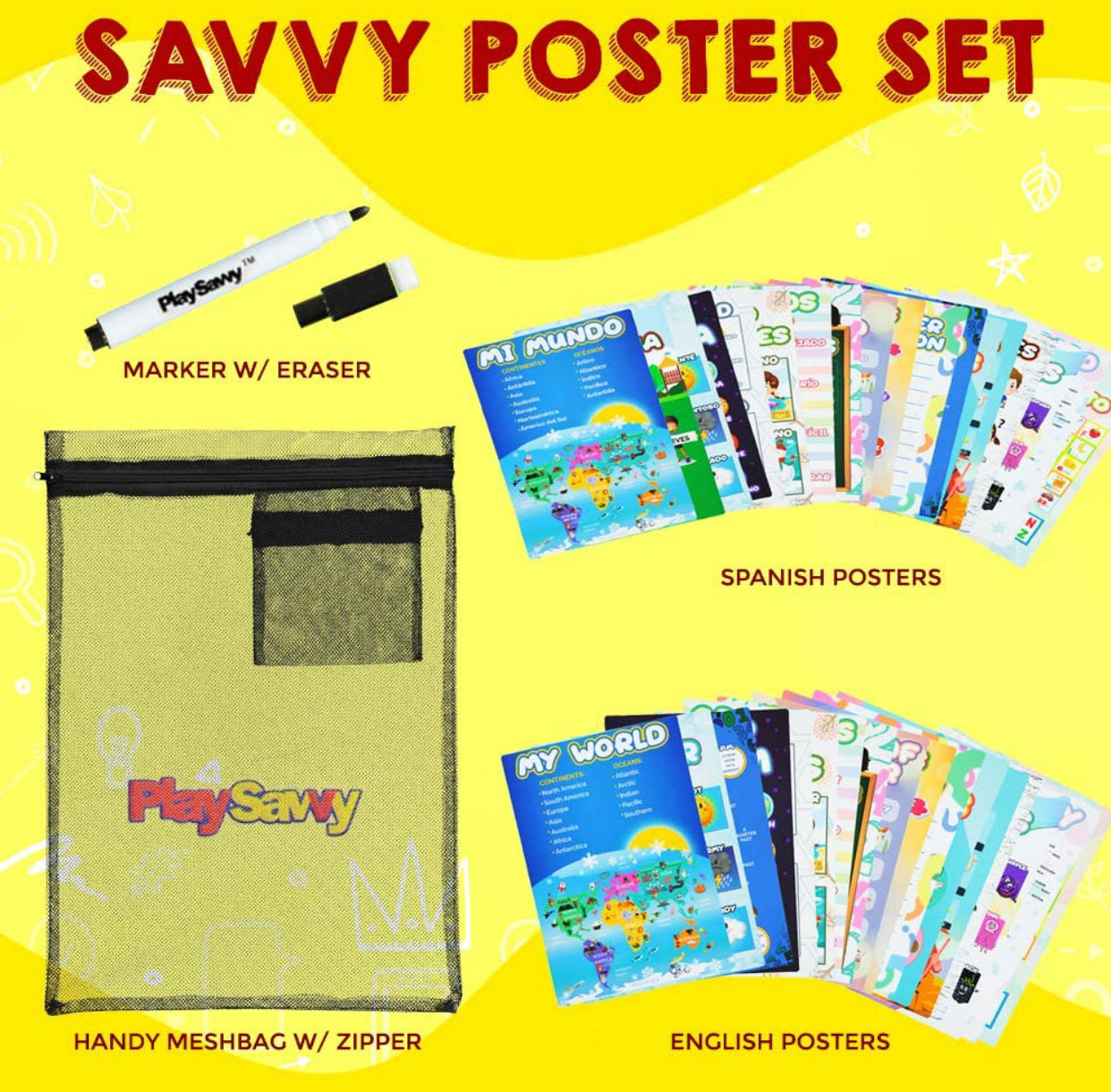 Kid’s Preschool Educational Poster Set, 38 Pc, Bilingual English/Spanish