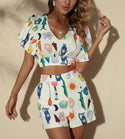 Sun & floral print flutter sleeve top and shorts set