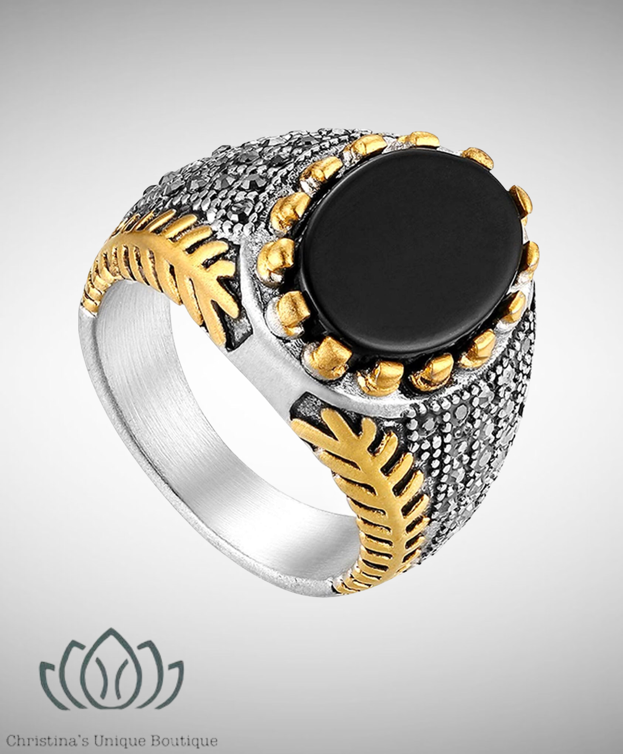 Men’s signet, vintage black onyx stone (inlay). 100% stainless steel. - Christina’s unique boutique LLC