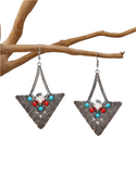 Textured metal blue and red decor dangle earring
