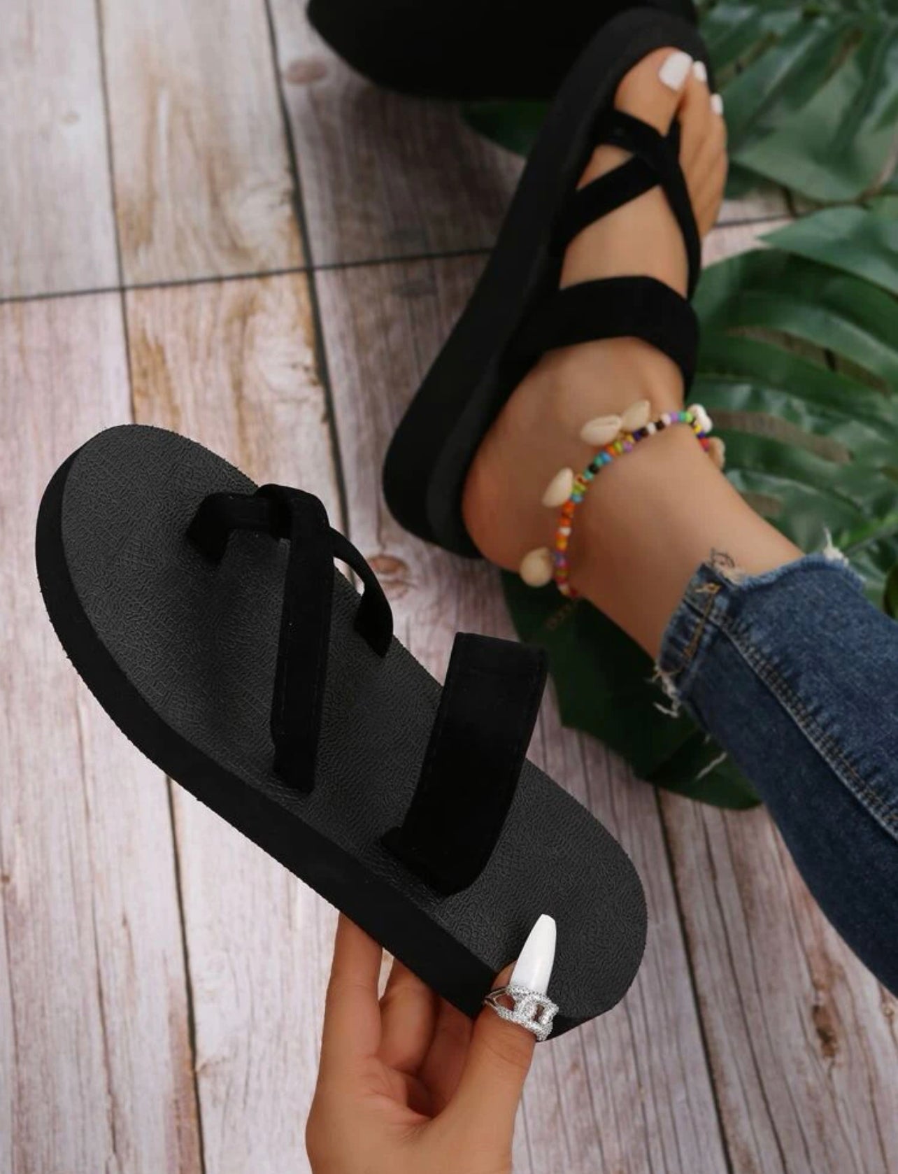 Suede double strap toe ring sandals