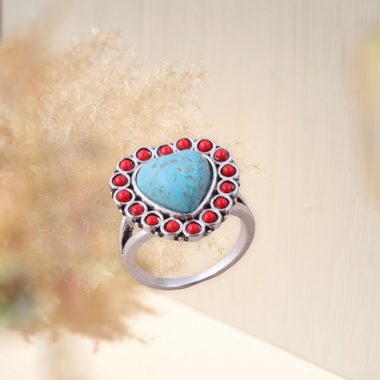 Turquoise and coral decor heart shaped statement ring. Size 8.