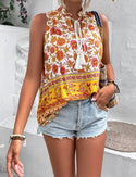 Floral print tie neck sleeveless blouse