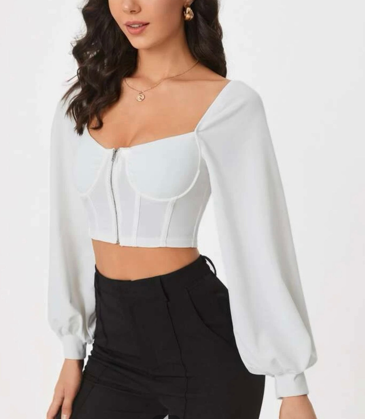 Tall solid zipper fly sweetheart neck crop top