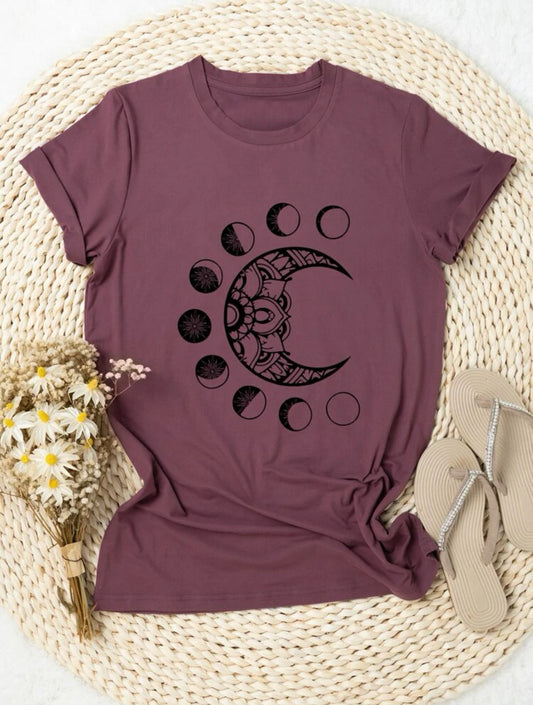 Curve & plus moon & sun print tee