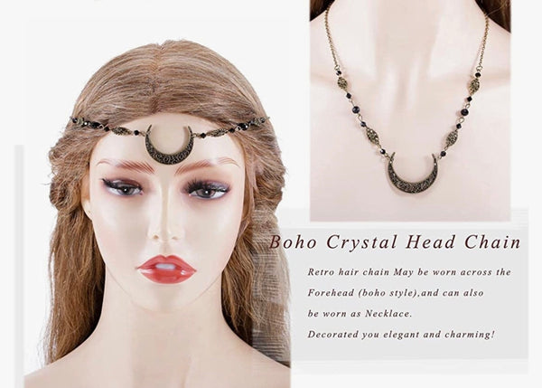 Boho Crescent Moon Head Chain Vintage Crystal necklace or headpiece