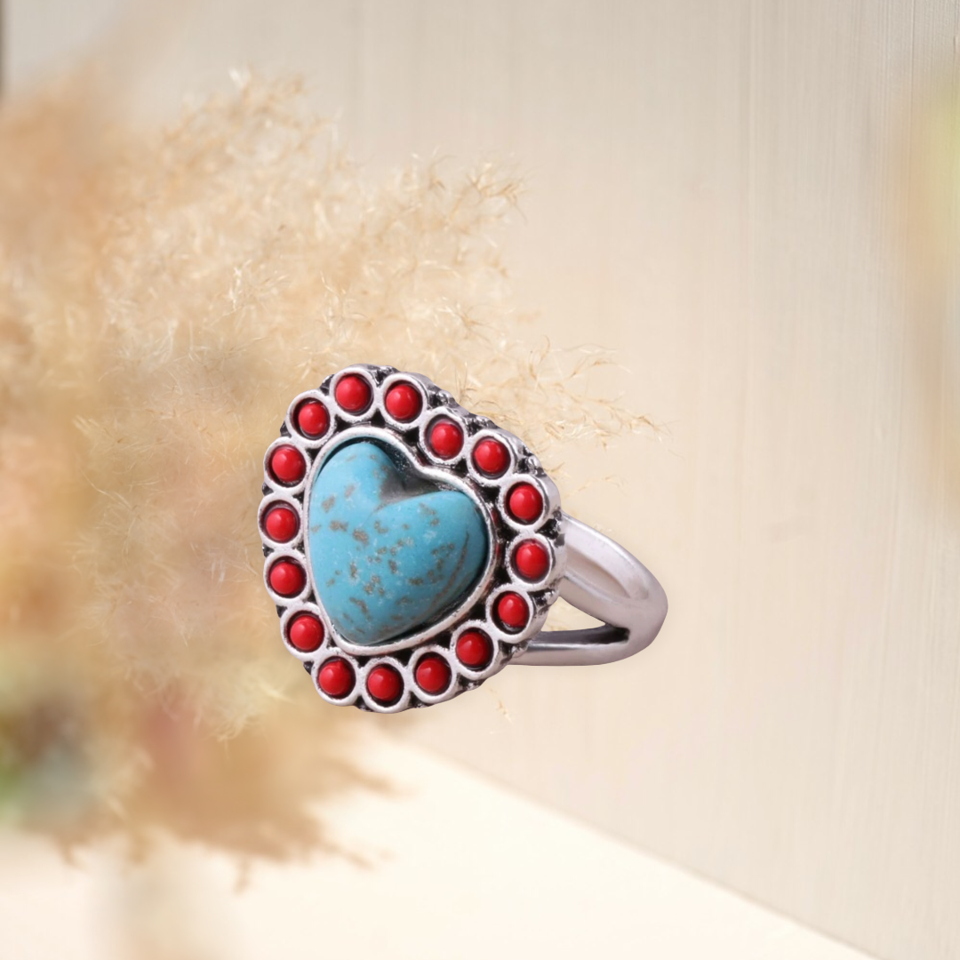 Turquoise and coral decor heart shaped statement ring. Size 8.