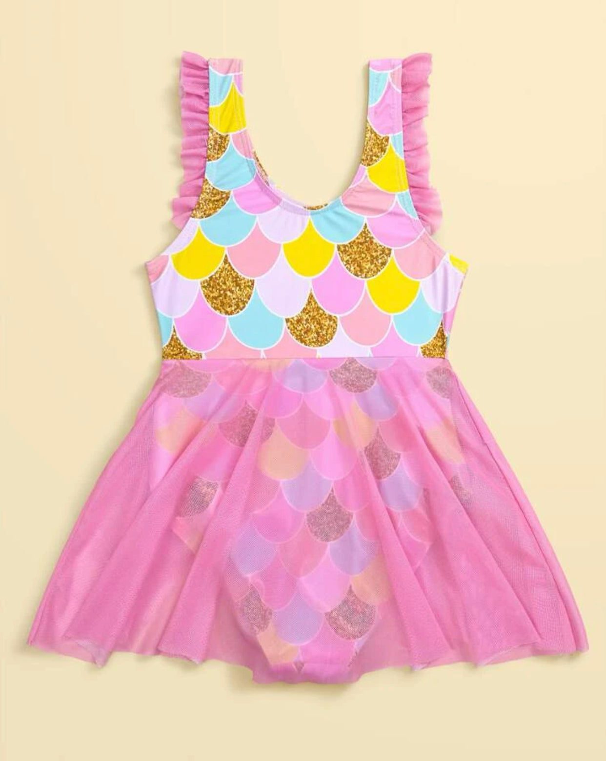 Toddler girls fish scale print contrast mesh one piece swimsuit