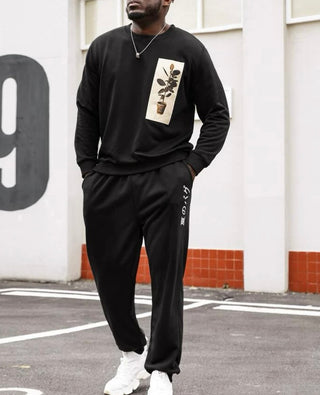 Extended sizes men plant print pullover & Japanese letter graphic drawstring waist sweatpants