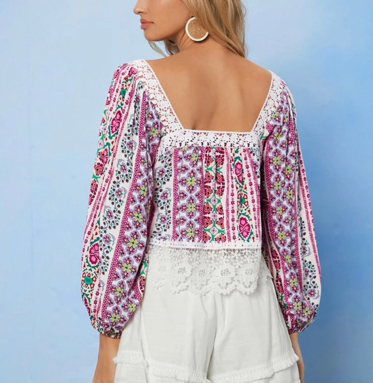 Lantern sleeve guipure lace trim floral print top