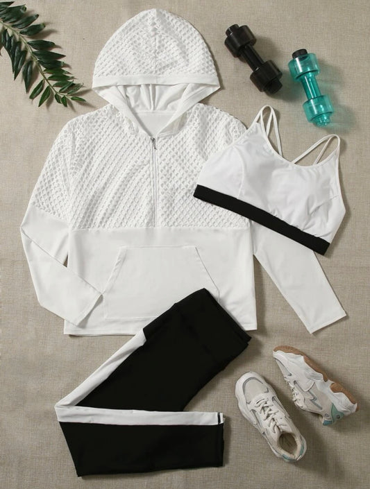 Curve and plus 3 piece lightweight contrast panel hollow out half zipper hooded sports set