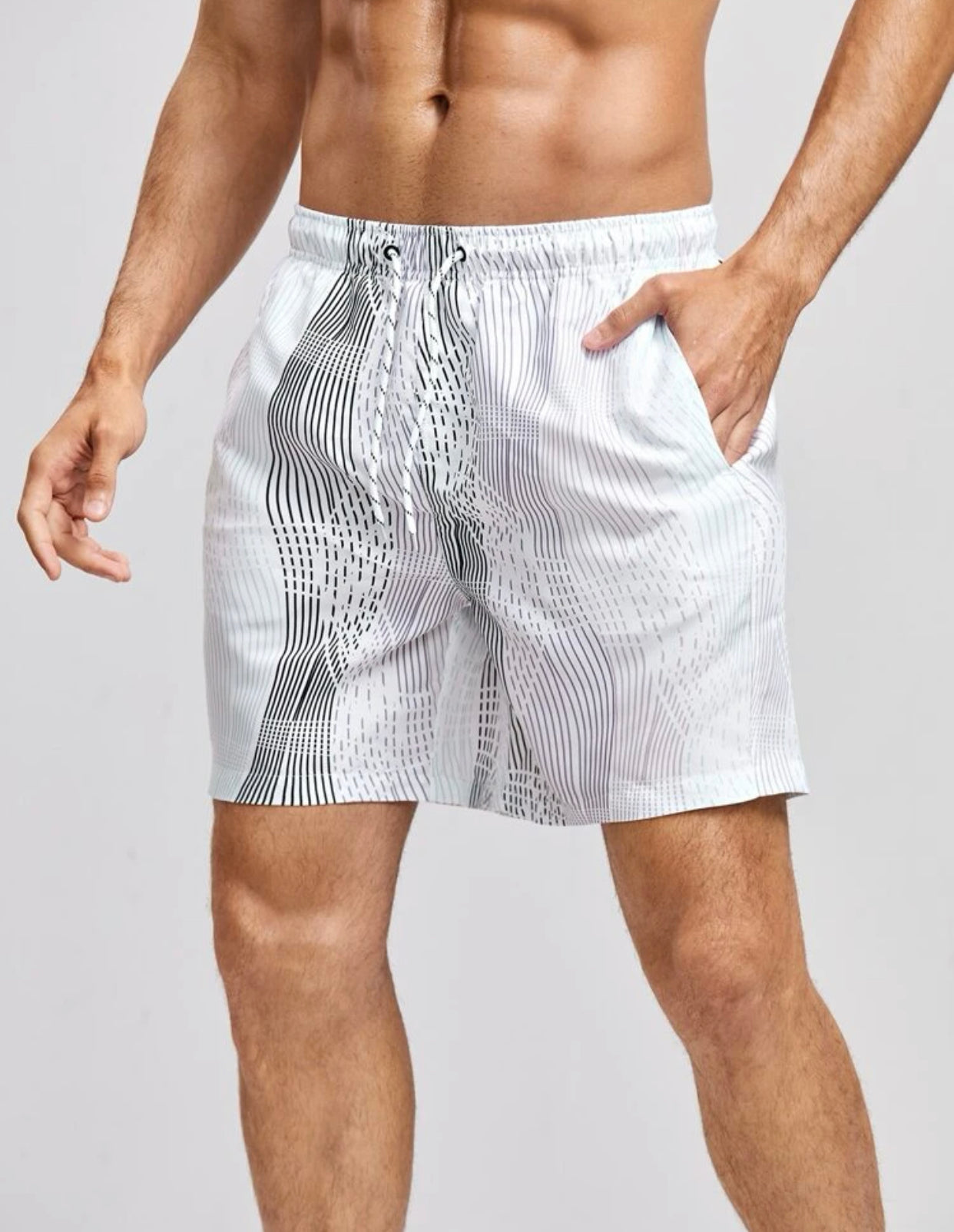 Men’s striped print drawstring waist swim trunks
