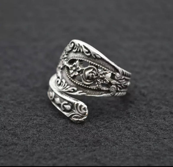 Vintage Spoon Ring Antique Silver Flower Ring. Adjustable in size. Style 4.