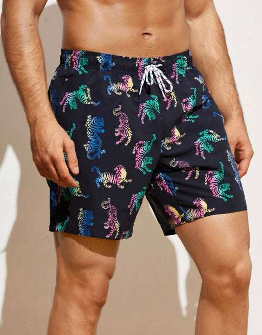 Men’s Tiger print drawstring waist swim trunks