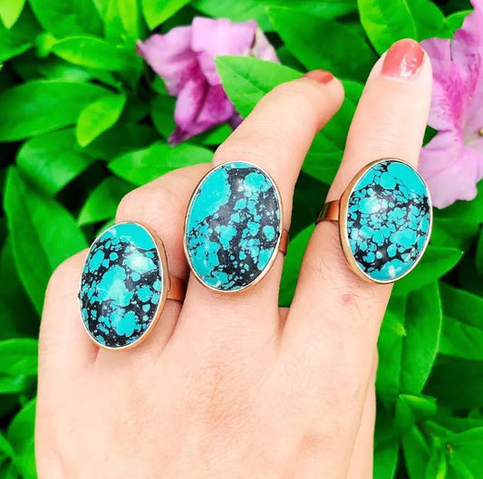 Turquoise natural oval stone adjustable ring