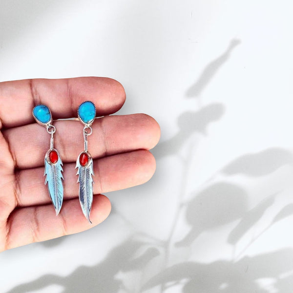 Turquoise and coral decor feather dangle earrings