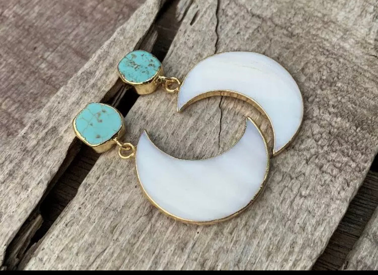 Gorgeous mother of Pearl crescent moon earrings dipped in gold, with raw turquoise. - Christina’s unique boutique LLC