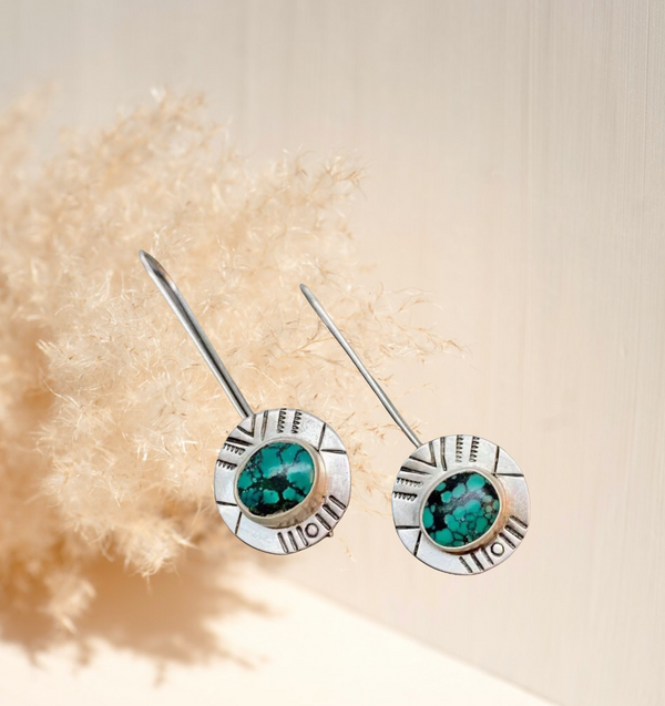Vintage style, turquoise decor, engraved drop earrings