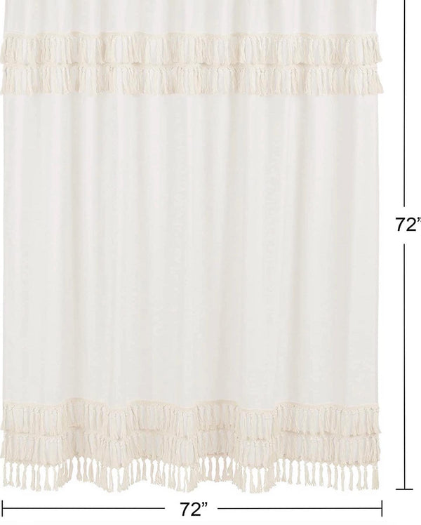 Minimalist Boho Chic Solid Ivory Cream Macrame Fringe Knotted Tassel Decorative Bathroom Fabric Bath Shower Curtain