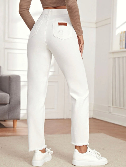 High waist letter patch ripped raw hem mom jeans