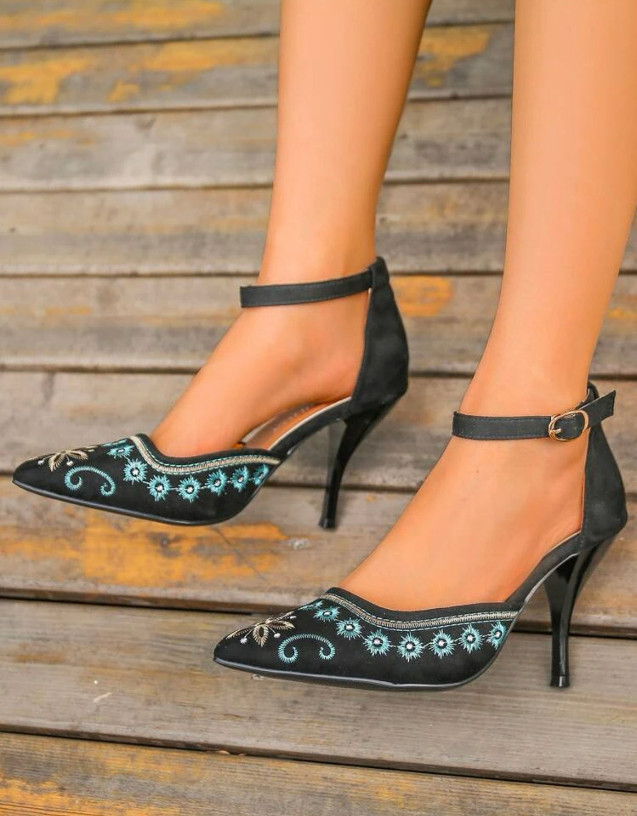 Suede floral embroidered point toe stiletto heeled ankle strap pumps