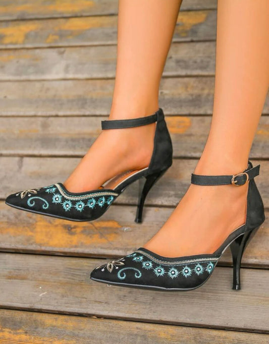 Suede floral embroidered point toe stiletto heeled ankle strap pumps