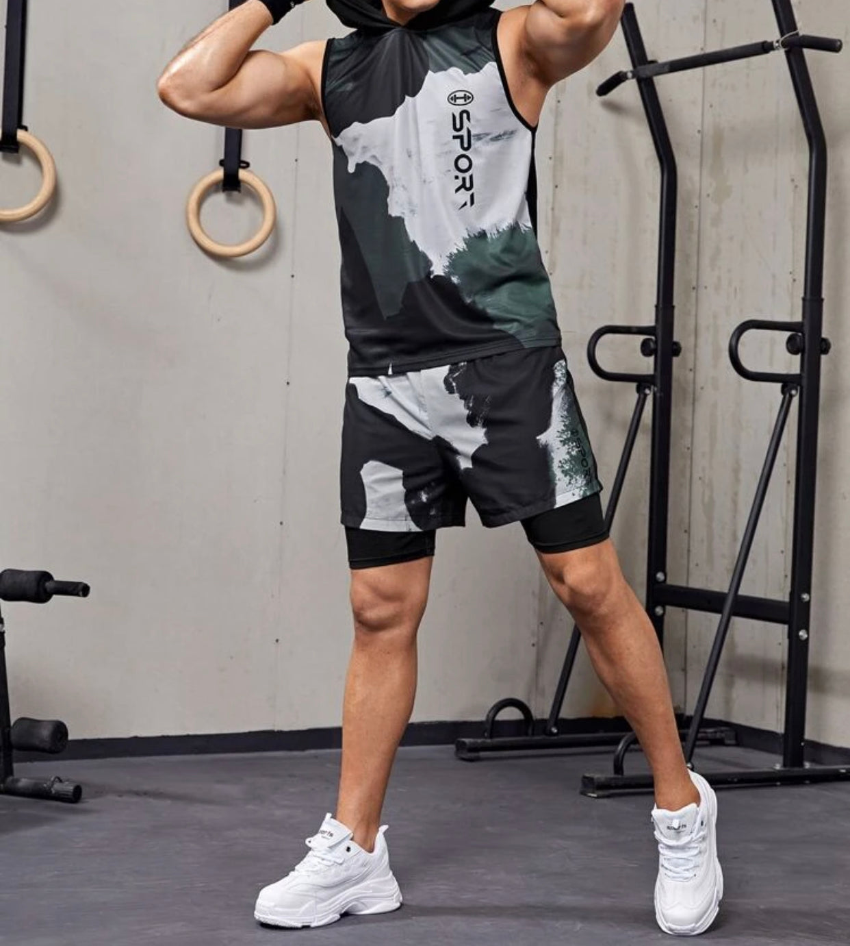 Men’s letter graphic hooded sports tank top with shorts