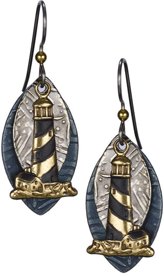 Bronze & Purple Lighthouse Earrings Layered over Textured Tear Drop Discs