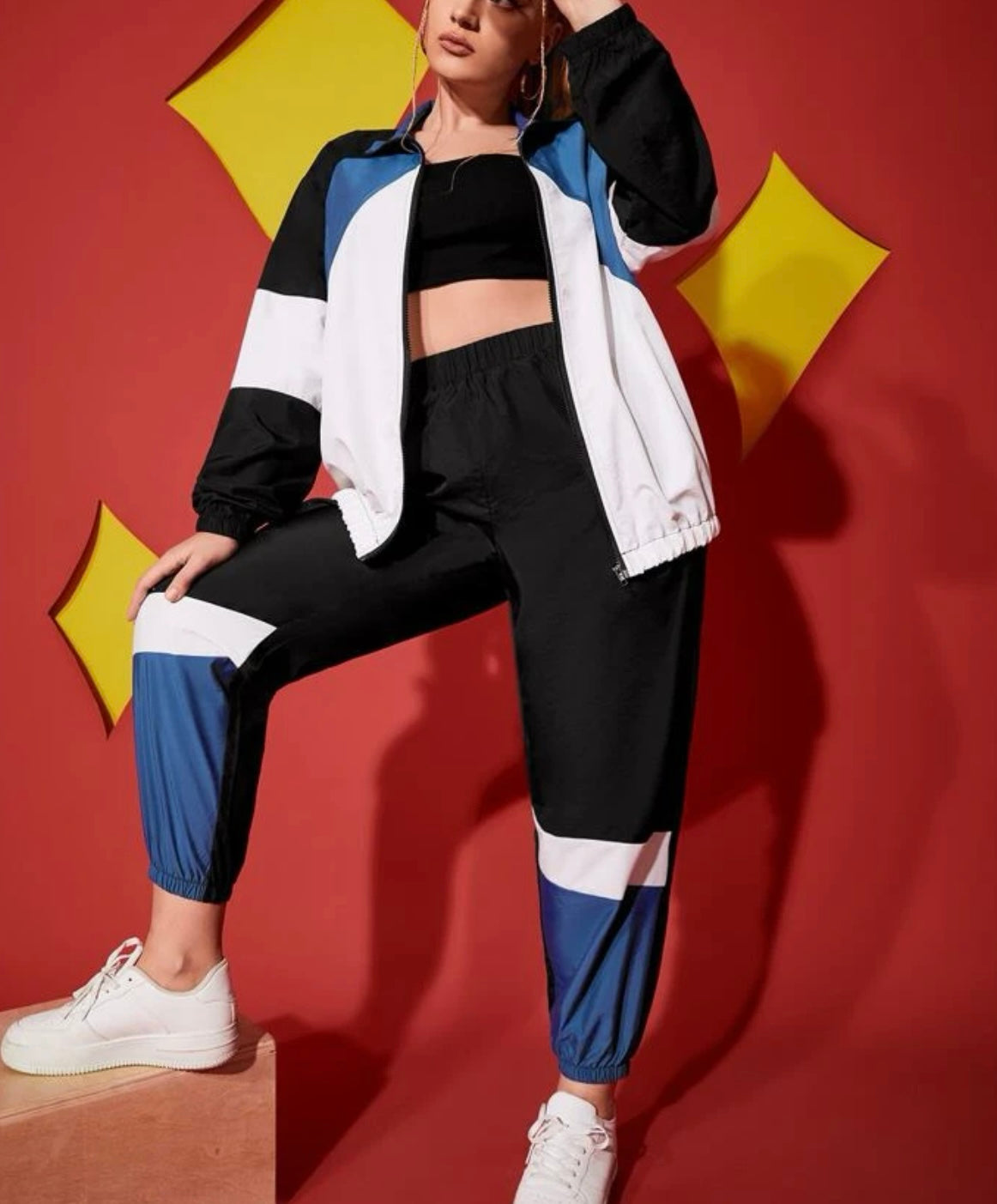 Plus color block sports jacket and sports pant