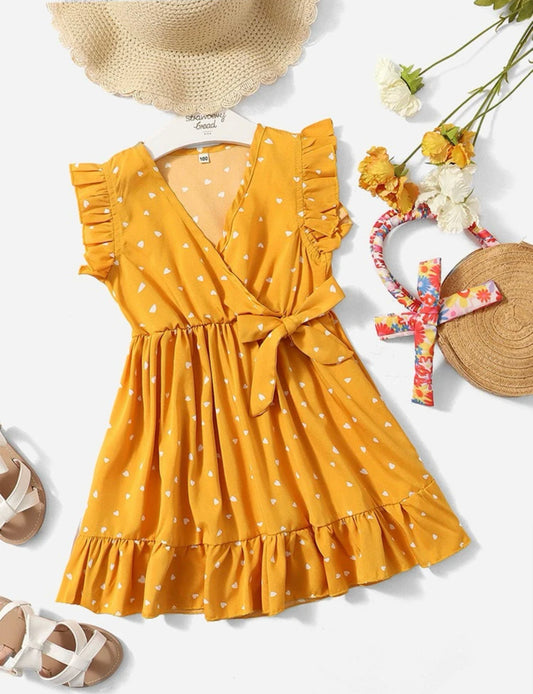 Toddler Girls Confetti Heart Print Flutter Sleeve Tie Side Ruffle Hem Dress