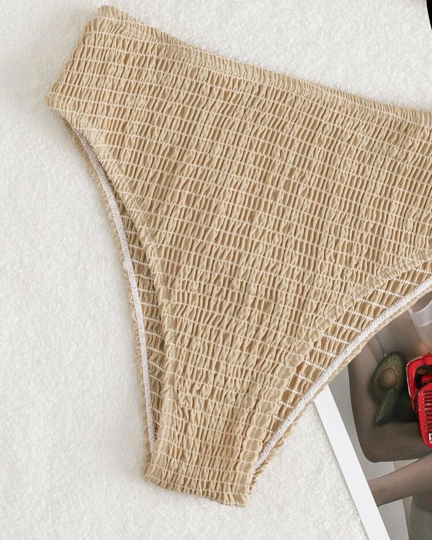 Solid smocked frill trim bikini swimsuit