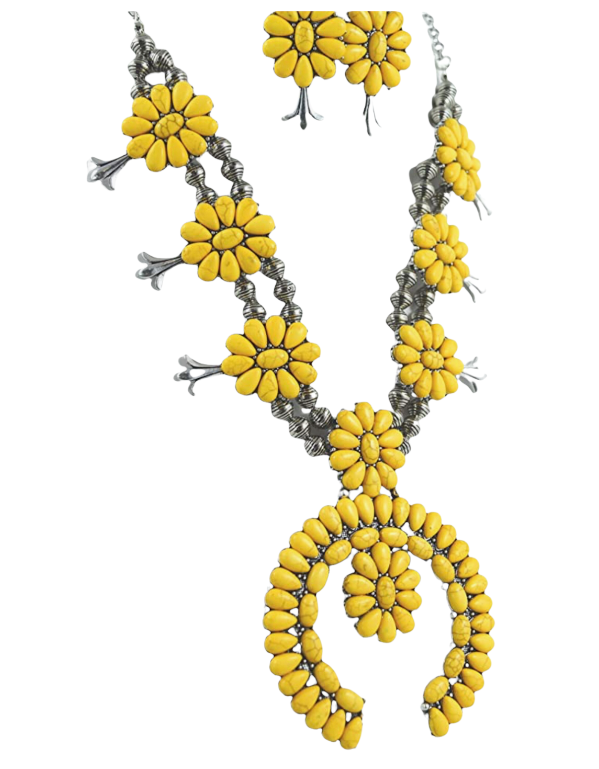 Yellow Chunky Western Turquoise Squash Blossom Statement Necklace and Earrings Set