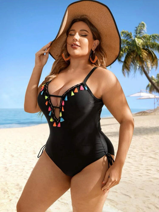 Curve & plus tassel cut out drawstring side one piece swimsuit