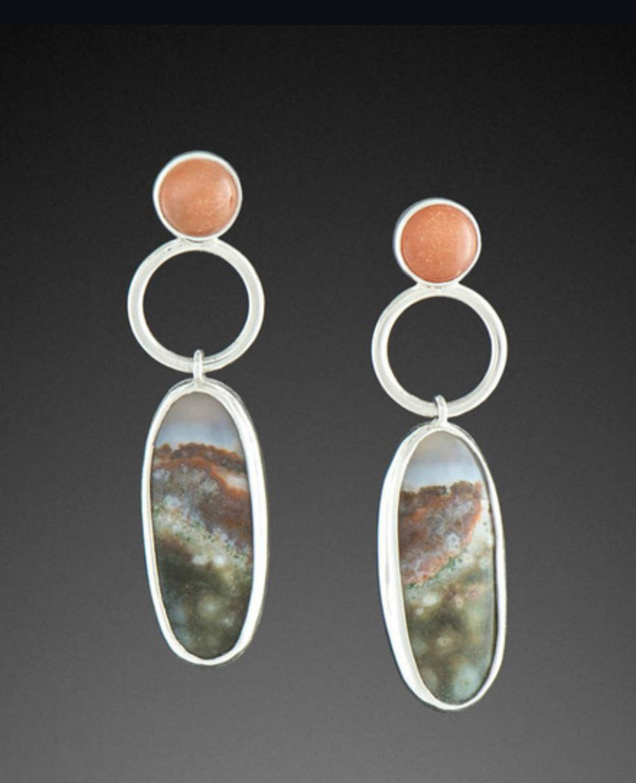 Unique vintage style silver ocean jasper and sunstone dangle earrings. - Christina’s unique boutique LLC