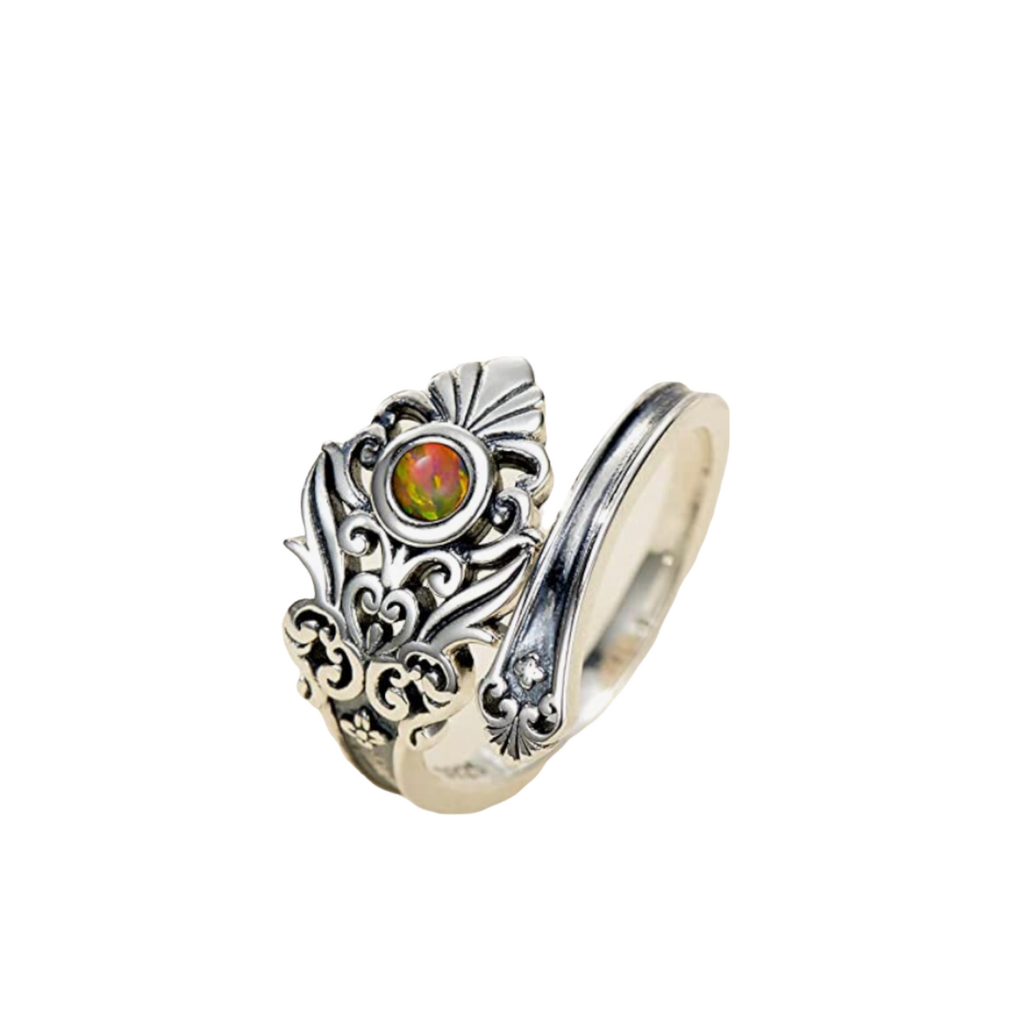 Fire Opal Sterling Silver Opal Spoon Ring - S925 Victorian Vintage Flower spoon ring