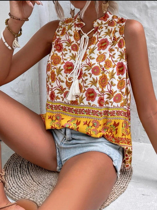Floral print tie neck sleeveless blouse
