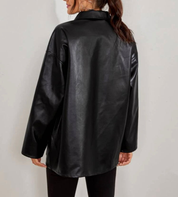 Button front drop shoulder PU leather coat