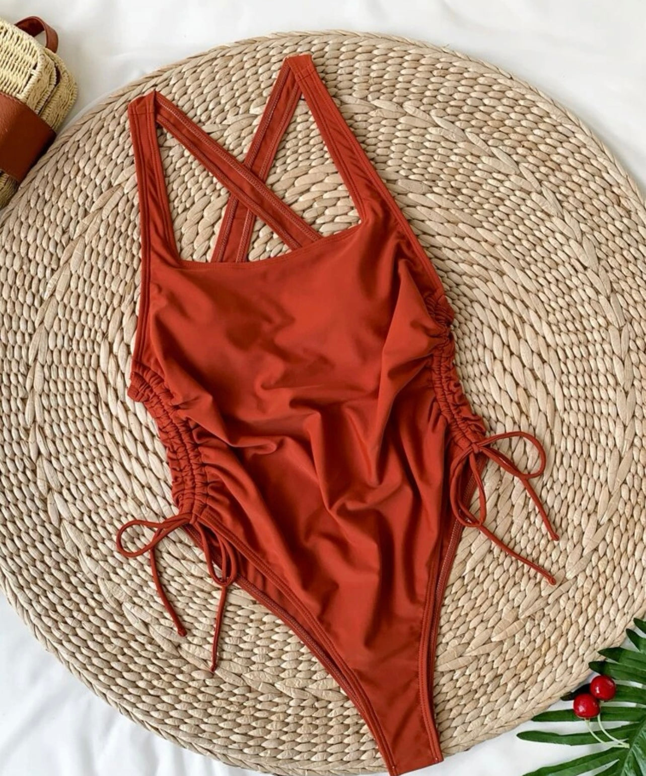 Criss cross drawstring one piece swimsuit